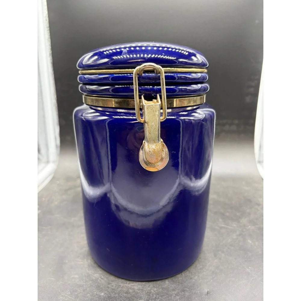 SAC Cobalt Blue Ceramic Canister Gold Tone Bale Flip Top Lid Airtight Jar
